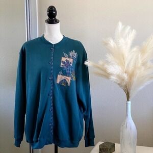 Vintage Alfred Dunner |  Green Fall Patch Button Down Sweater | Size: XL